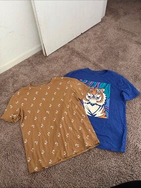 Kids Palm Tree- Tan Tee & Graphic Tiger Tee - Blue